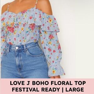 Love J Cold Shoulder Embroidered Floral Stripe Top Boho Rayon Festival Large